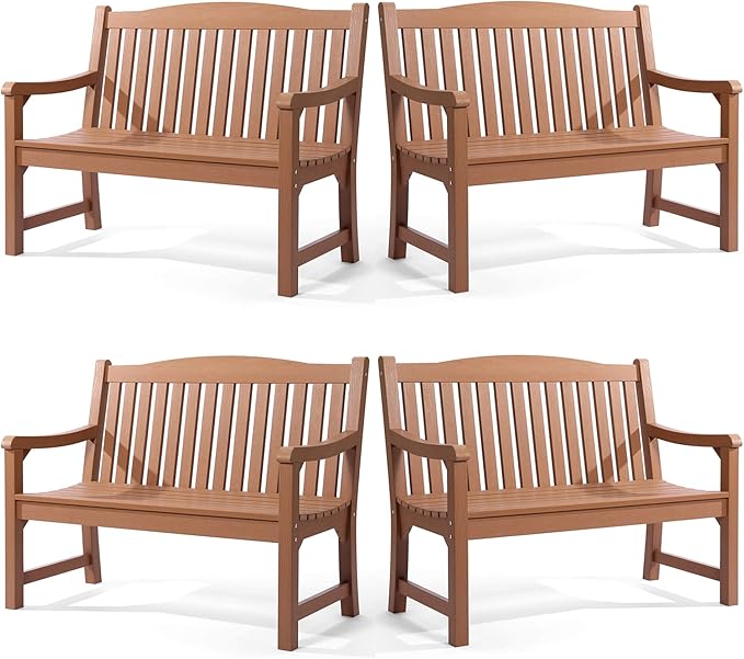Outdoor Bench Set of 4, All Weather Resistant Poly Lumber 2-Person Weatherproof Patio Garden Bench, Will not Rot and Fade, Outside Bench Suit for Garden, Porch,Balcony, Poolside, Park - Teak