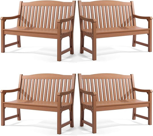 Outdoor Bench Set of 4, All Weather Resistant Poly Lumber 2-Person Weatherproof Patio Garden Bench, Will not Rot and Fade, Outside Bench Suit for Garden, Porch,Balcony, Poolside, Park - Teak