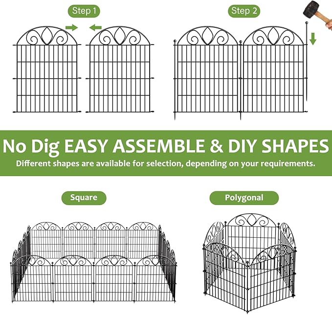 4 Panels No Dig Tall Garden Fence Panel – 48" H X 10.5' L Rustproof Metal Dog Fence Outdoor for Yard, Decorative Animal Barrier Fence for Pet, Garden Border, Patio, Flower Beds| Temporary Fencing