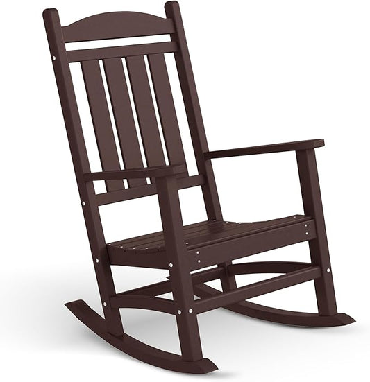 Costaelm Oversized Outdoor Rocking Chair, High Back Porch Rocker Chair, HDPE All Weather Resistant Outdoor Seating Furniture Wide Rocker Chair for Patio, Lawn, Garden, Dark Brown