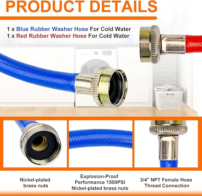 Cenipar 4FT Rubber Washing Machine Hoses Burst Proof 2 Pack For Hot and Cold Water 3/4" NPT Connection Water Supply Lines Fit for ALL Washing Machine