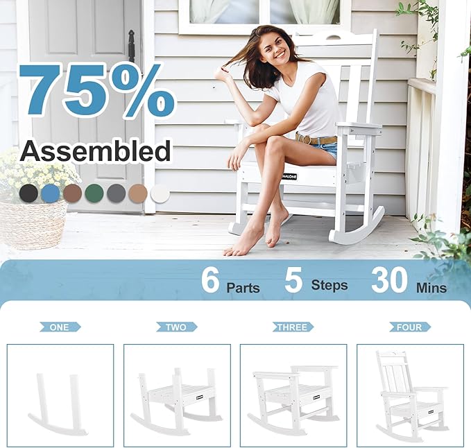 nalone Outdoor Rocking Chair, Oversized Porch Rocker Chair for Adult, All-Weather Resistant Patio Rocking Chair for Garden Lawn(White)
