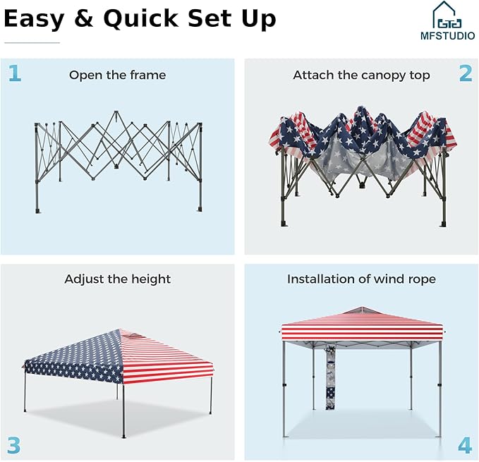 MFSTUDIO Pop Up Canopy Tent, 10x10 Outdoor Canopies One Person Push Set Up Tent Instant Portable Shelter Tents with Vented Top, Storage, 4 Sandbags, Beach Canopy, Red Stripe