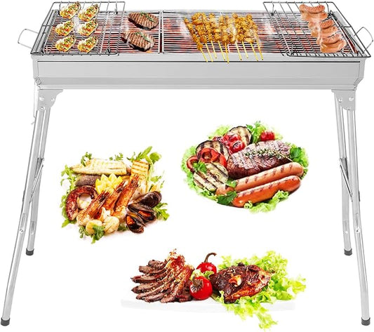 Stainless Steel Folding Kebab Grill, Foldable Barbecue Charcoal Grill With Baking Tray & Storage Shelf, Perfect for Camping, Picnic, Backyard Grilling, Tailgating (39x12x28 in)