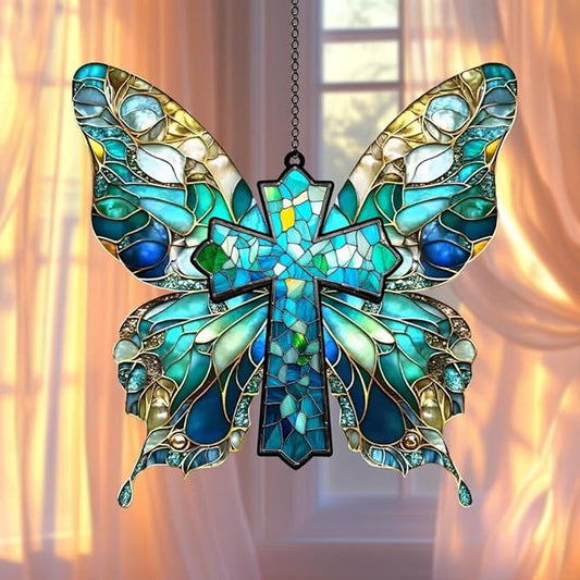 Jesus Cross Christmas Ornament Christian Suncatcher with Butterfly Wings Window Hanging Acrylic Stained Glass Effect Art Garden Decor Unique Gift for Mom Women Grandma Thanksgiving