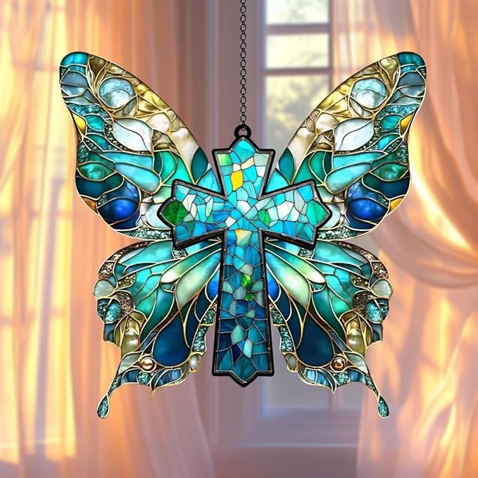 Jesus Cross Christmas Ornament Christian Suncatcher with Butterfly Wings Window Hanging Acrylic Stained Glass Effect Art Garden Decor Unique Gift for Mom Women Grandma Thanksgiving