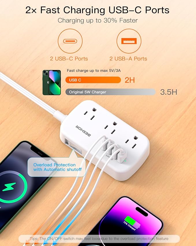 Flat Plug Extension Cord, Power Strip 25FT, 6 Outlets with 4 USB Ports(2 USB C), Wall Mount Charging Station, No Surge Protector for Home Office College Dorm Room Travel Essentials