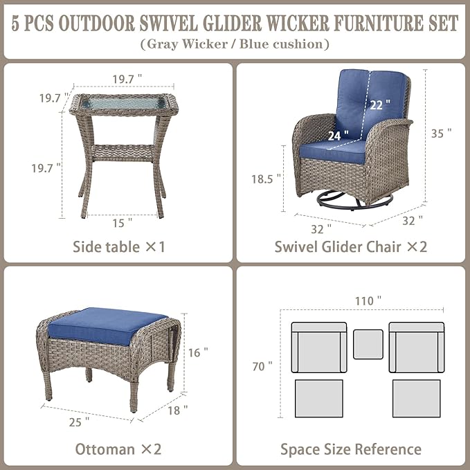 Belord 5 Pieces Wicker Patio Furniture Set - Swivel Rocker Outdoor Chairs with Ottomans and Side Table, Small Patio Conversation Set for Porch Deck Backyard