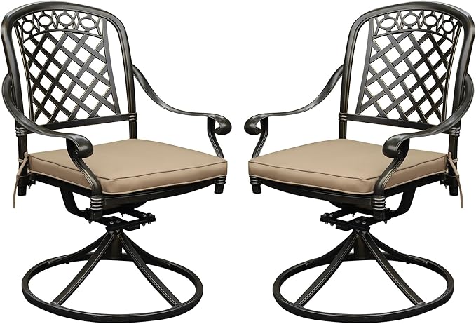 2 Piece Cast Aluminum Outdoor Swivel Dining Chairs, All-Weather Patio Swivel Rocker Chair Sets with Cushion for Garden, Backyard, Poolside, Bistro (Khaki, 2 Pieces)
