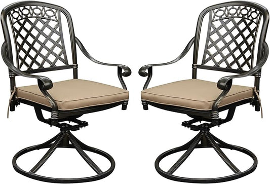 2 Piece Cast Aluminum Outdoor Swivel Dining Chairs, All-Weather Patio Swivel Rocker Chair Sets with Cushion for Garden, Backyard, Poolside, Bistro (Khaki, 2 Pieces)