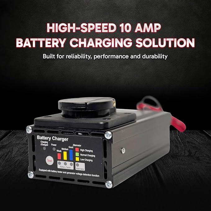 10 Amp Panel Mount Battery Charger & Tester for 12V Trailer Batteries – Onboard Smart 3-Step Charger for Hydraulic Dump Trailers, RV, Marine & Automotive Use