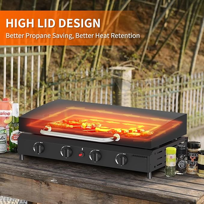 SKOK 4 Burners Outdoor Gas Griddle with Hood, Portable Flat Top Gas Grill-Table Top Propane Griddle Station with Side Shelves