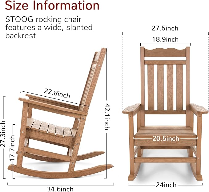 Stoog All-Weather Patio Rocking Chairs Set of 4, Porch Rocker with 400 lbs Weight Capacity, Front Porch Rocking Chairs for Both Outdoor and Indoor, Teak