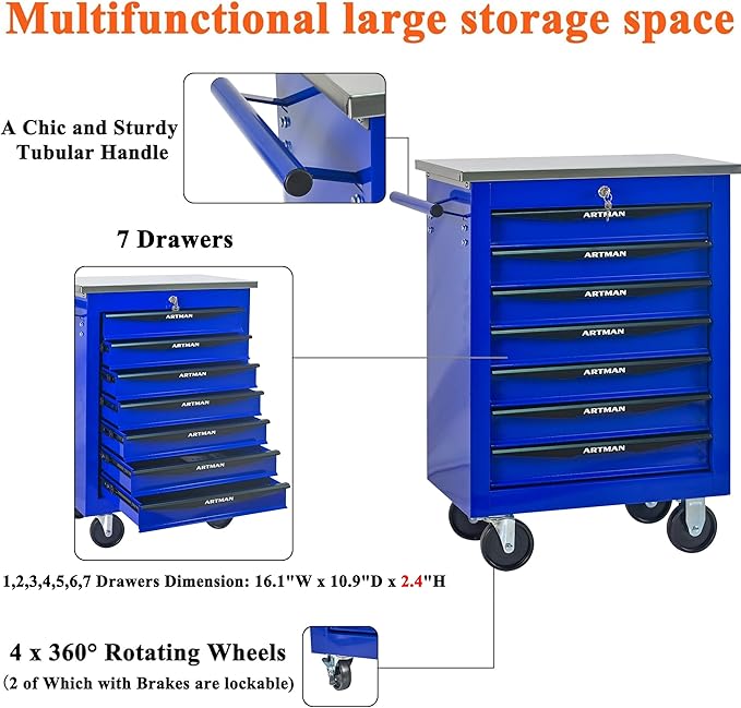 7 Drawers Tool Cart on Wheels, Multifunctional Rolling Tool Box, Drawers Rolling Trolley Organizer Tool Storage Chest for Garage,Workshop,DIY Multiple Interconnectable(4 Drawers-30.5" H)