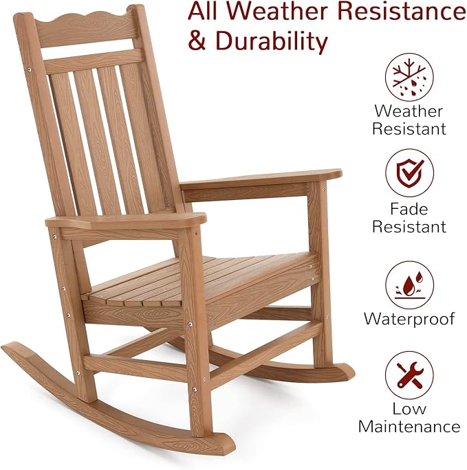 Stoog All-Weather Patio Rocking Chairs Set of 4, Porch Rocker with 400 lbs Weight Capacity, Front Porch Rocking Chairs for Both Outdoor and Indoor, Teak