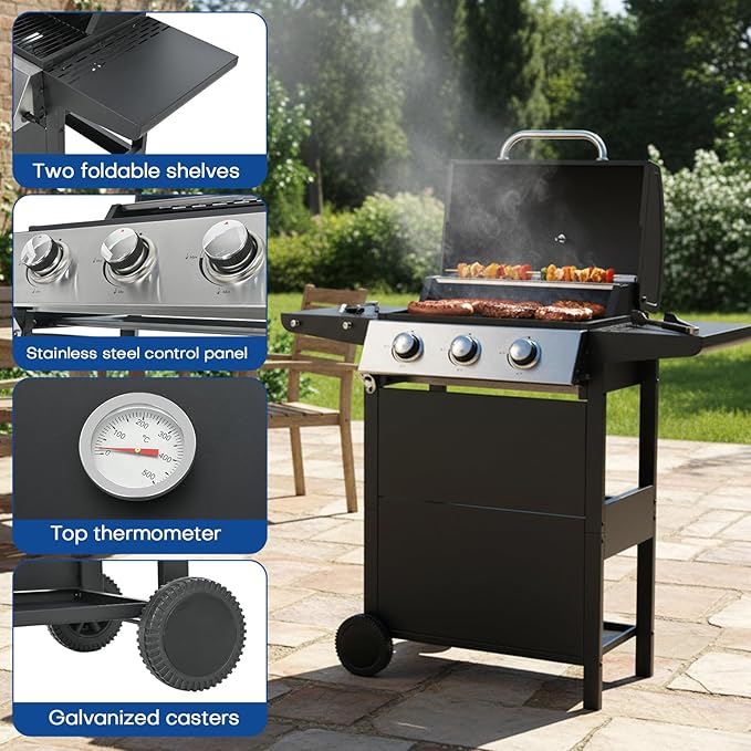 3 Burner Propane Gas Grill, 26,000 BTU Stainless Steel BBQ Grill with Foldable Shelves, Thermometer, Wheels, Ideal for Patio, Backyard, Outdoor Cooking, Barbeque