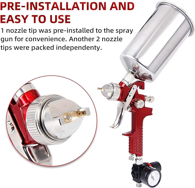 BANG4BUCK High Performance HVLP Gravity Feed Spray Gun with 1.4mm 1.7mm 2.5mm Fluid Tips, 1000cc Aluminum Cup for Auto Paint, Primer, Clear/Top Coat & Touch-Up