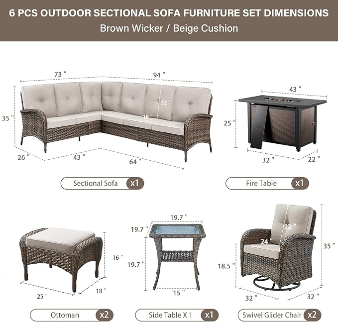 Belord 8 Pieces Patio Conversation Set with 43” Propane Fire Pit Table, Outdoor Sectional Furniture Sofa Set with Removable Cushions for Patio Deck Backyard Brown