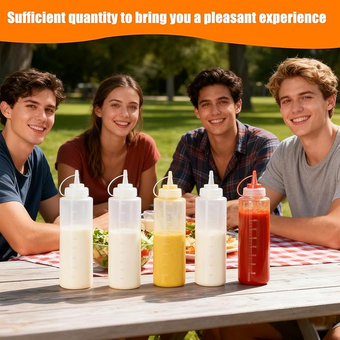 10 Pcs 32 oz Plastic Squeeze Bottles Clear Large Condiment Squeeze Bottles for Sauces Pancake Ketchup Syrup Squirt Condiment Dispenser with Caps Restaurant with 10 Stickers and 1 Pen