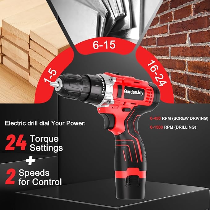 Drill Set 12V Cordless Electric Drill Driver Set,Powerful Lightweight Portable Rechargeable Screwdriver Accessories,2 Batteries 2-Speed 24+1 Position Wood/Wall Drilling Screw Driving women DIY Tool