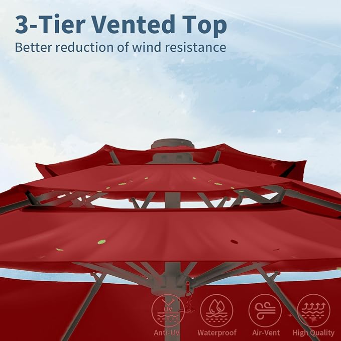 9FT 3 Tiers Patio Umbrella With Auto Tilt and Crank, Outdoor Table Market Umbrella with 8 Sturdy Ribs for Garden,Lawn,Deck,Backyard and Pool,Red