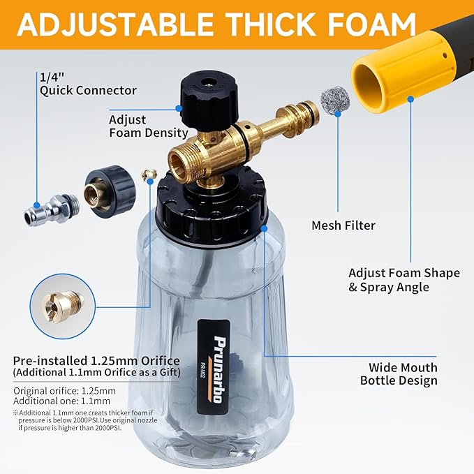 Foam Cannon for Pressure Washer with Gun, Heavy Duty Brass Swivel with 1/4” Quick Connector 5650 PSI Soap Lance Blaster for Car Washing 6-in-1 Nozzle Tips kit 1 Liter Vehicle Cleaning Tool