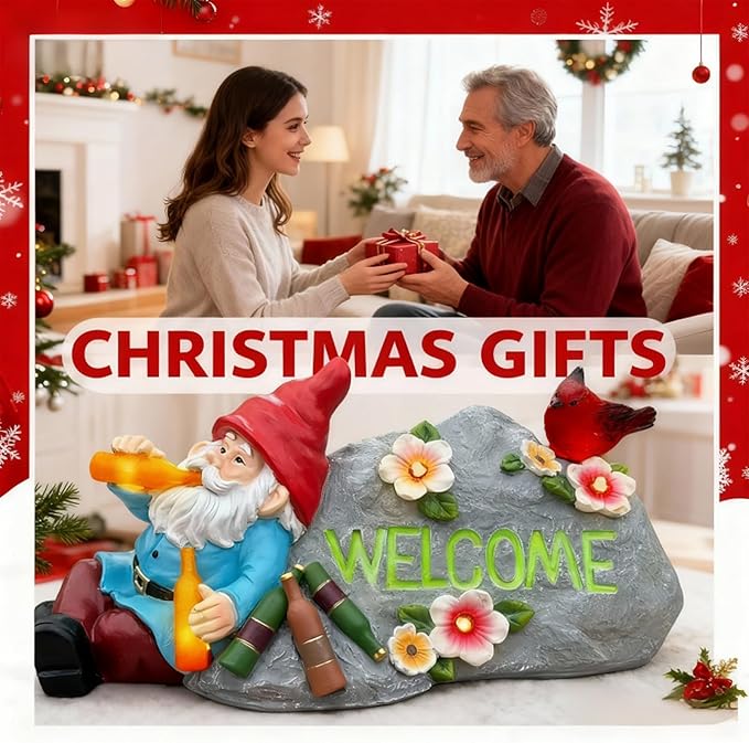 Funny Garden Gnomes Statue with Welcome, Solar Outdoor Gnomes Decorations for Yard, Patio, Lawn, Christmas Birthday Housewaming Gifts for Dad, Men, Husband, Grandpa, 11.8 Inch, Resin