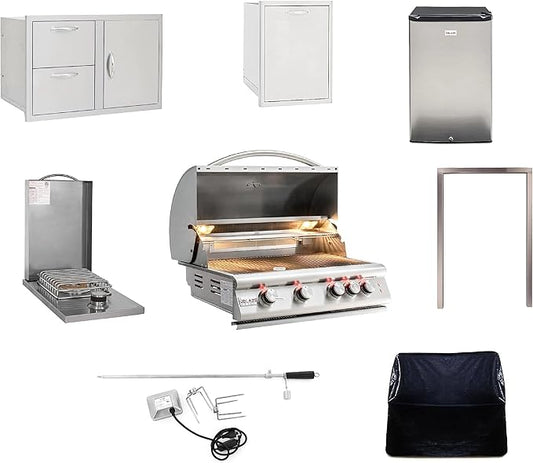 BLAZE BBQ Outdoor Gas Grill Package of 32” LTE Built-in Gas Grill, Dop-In Single Side Burner, 32” Door & Two Drawers Combo, Roll Out Double Trash Drawer, 20” Compact Refrigerator, and Accessories