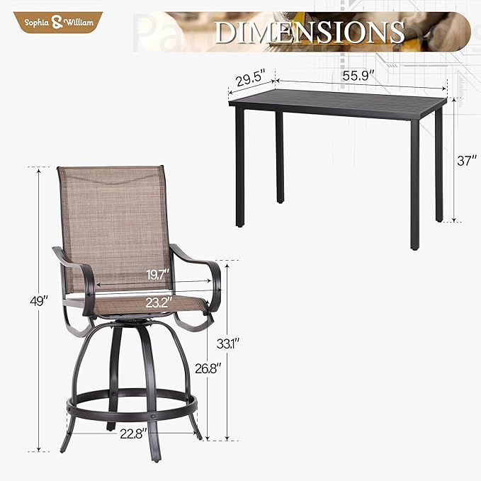 Sophia & William Outdoor Bar Set, Patio Bar Table and Chairs Set, Counter Height Patio Set - 4 x Swivel Bar Chairs, 1 x Rectangular Bar Table for Porch, Yard, Garden, Balcony, Deck