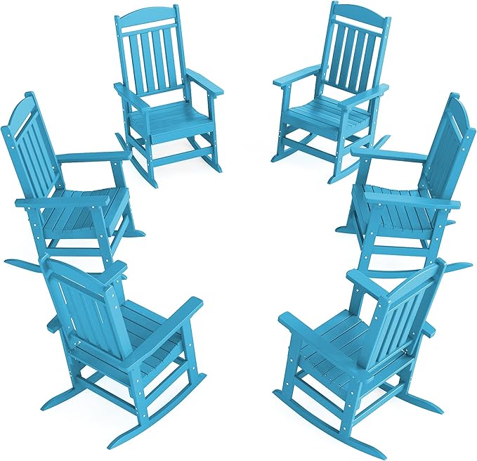 Outdoor Rocking Chairs Set of 6, Oversized High Back Patio Rocking Chairs, All Weather Porch Rocking Chairs for Outside. Pacific Blue