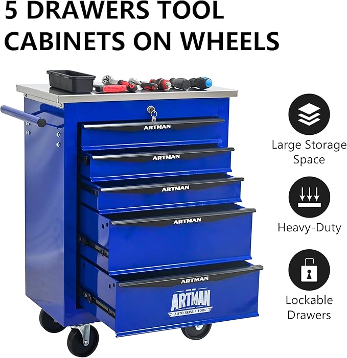 5 Drawers Tool Cart on Wheels, Multifunctional Rolling Tool Box, Drawers Rolling Trolley Organizer Tool Storage Chest for Garage,Workshop,DIY Multiple Interconnectable(4 Drawers-30.5" H)