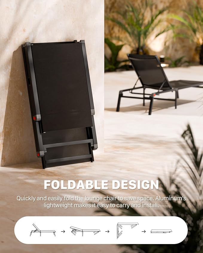 Aluminum Patio Chaise Lounge Chair Set of 2 with Side Table,5-Position Adjustable Backrest,Foldable Lounge Chair Outdoor,Pool Lounge Chairs for Poolside,Lawn,Deck,Beach (Black, 2 Pack+Table)