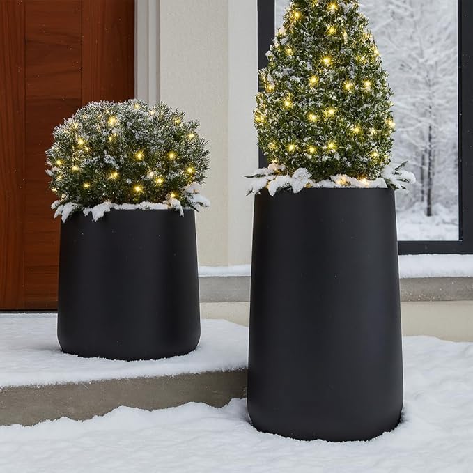 14" H x 13.7" D Conico Fiberstone Round Planter- Christmas Tree Planter, Smooth Finishes, Weather Resistant for Indoor and Outdoor Use, Included 2 Extra Coco Mats (Taupe, 10.6" Pot Opening)