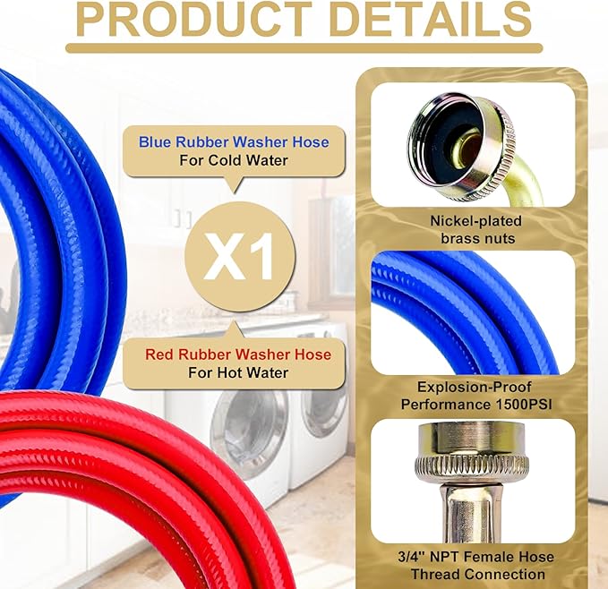 4FT Rubber Washing Machine Hoses with 90 Degree Elbows Burst Proof 2 Pack For Hot and Cold Water 3/4" NPT Connection Water Supply Lines by Cenipar Fit for ALL Washing Machine