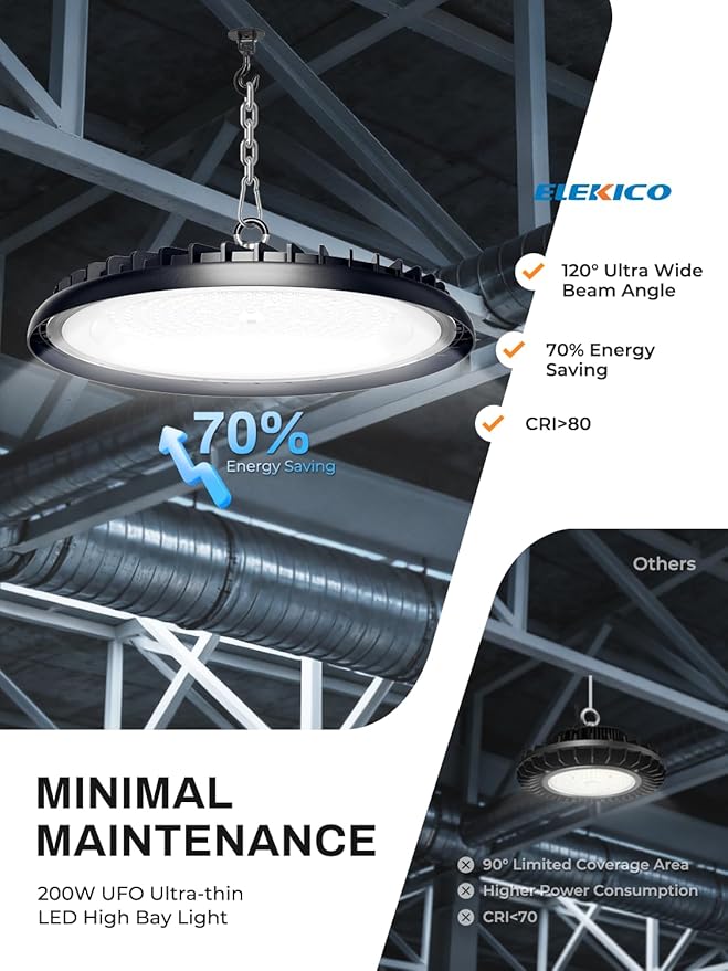 New Super Bright Ultra-Thin 200w High Bay Led Shop Lights| 30000LM 5000K UFO Led High Bay Light with 5ft Cable Hook Safe Rope| Shop&Garage Lighting Lights for Factory Workshop Warehouse Garage Barn
