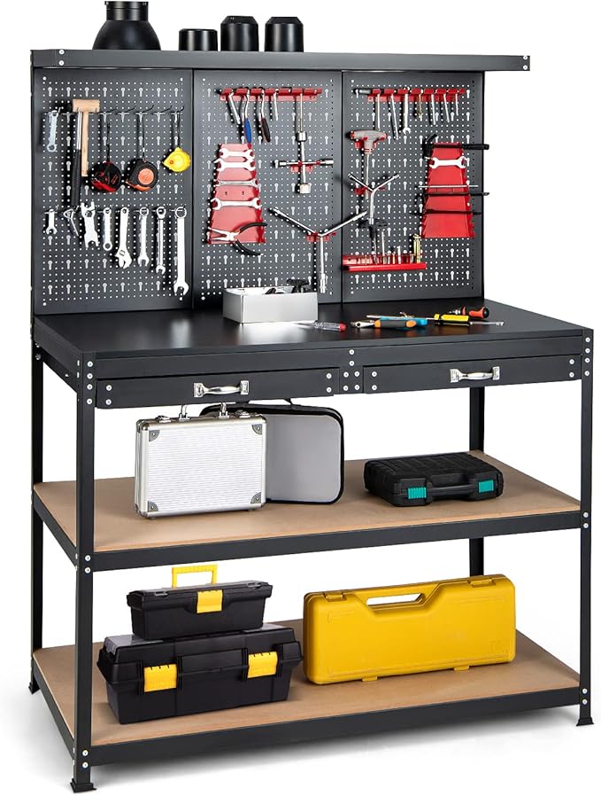 Goplus Work Bench with Storage, 48" x 24" Work Table with Pegboard, 2 Drawers, Hanging Accessories, Topping Space, 4-Tier Heavy Duty Metal Tool Storage Bench, Workbench for Garage, Workshop