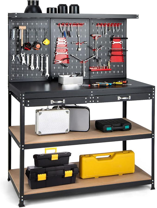 Goplus Work Bench with Storage, 48" x 24" Work Table with Pegboard, 2 Drawers, Hanging Accessories, Topping Space, 4-Tier Heavy Duty Metal Tool Storage Bench, Workbench for Garage, Workshop