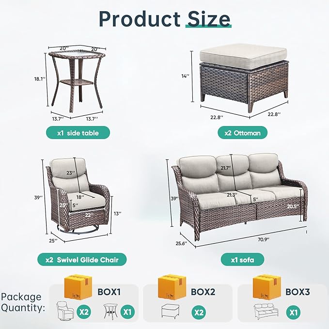 Outdoor Swivel Rocker Patio Chairs Set of 6-5" Thick Cushion 6 Piece Furniture Set with Fire Pit Table All Weather Wicker Conversation Set for Porch Deck - Brown Wicker | Beige Cushions
