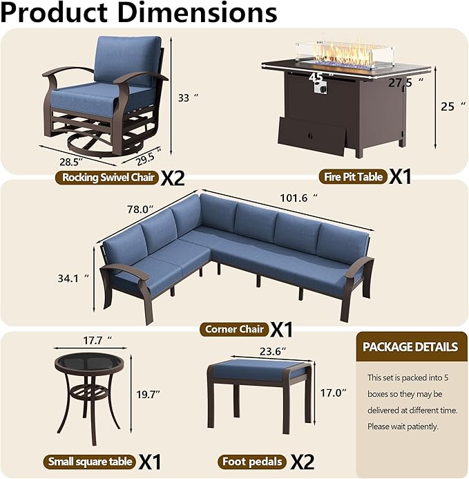 10-seat Aluminum Patio Furniture Set with Fire Pit Table, L-Shaped Sectional Sofa with 5.1" Cushions, High Backrest & 2 Footstools, Durable Outdoor patio Furniture Set, Backyard, Poolside - Blue