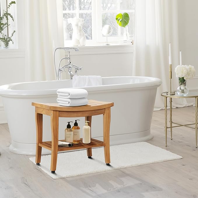 OTSUN Waterproof Teak Shower Bench with Shelf & Non-Slip Feet, Heavy Duty Shower Chair for Inside Shower, Shower Stools for Seniors