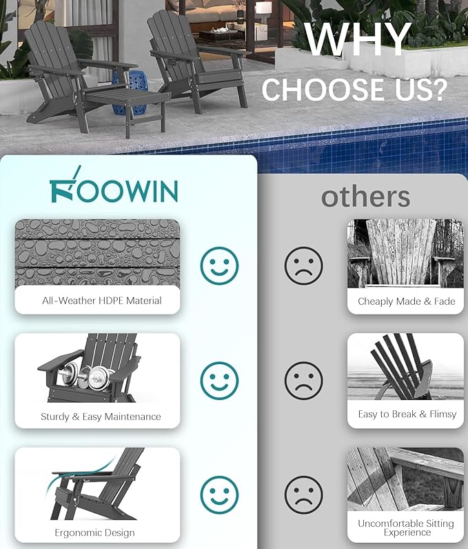 FOOWIN Adjustable Adirondack Chair with Retractable Ottoman Set of 8, Folding Adirondack Chair with Cup Holder, HDPE All-Weather Fire Pit Chair for Patio, Yard, Poolside, Grey