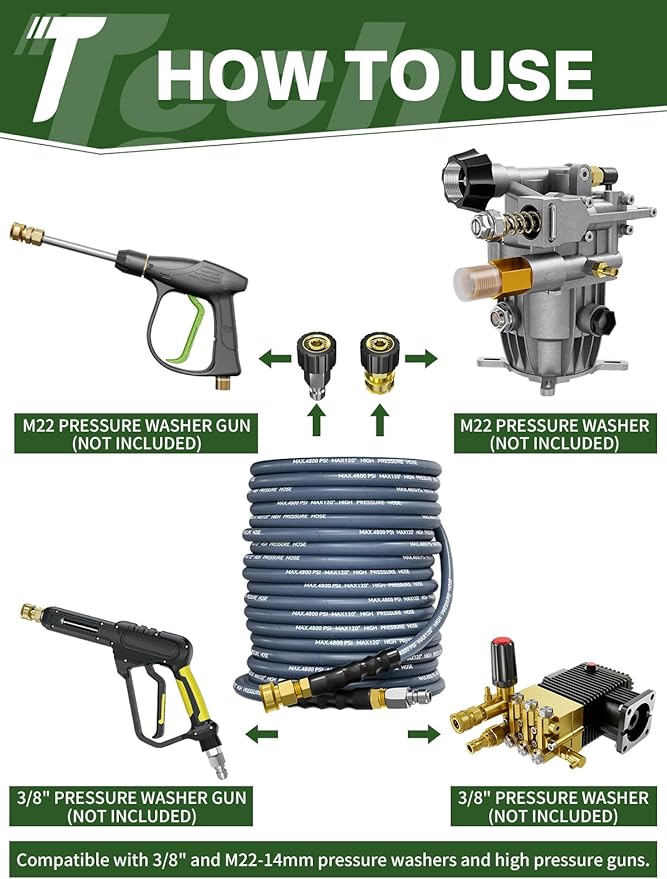3/8" 4800PSI Pressure Washer Hose 200FT with Swivel Quick Connect for Cold/Hot Water Max 248°F, Kink Resistant Steel Wire Braided, Wear Resistant Power Washer Hose with M22 14mm Adapter