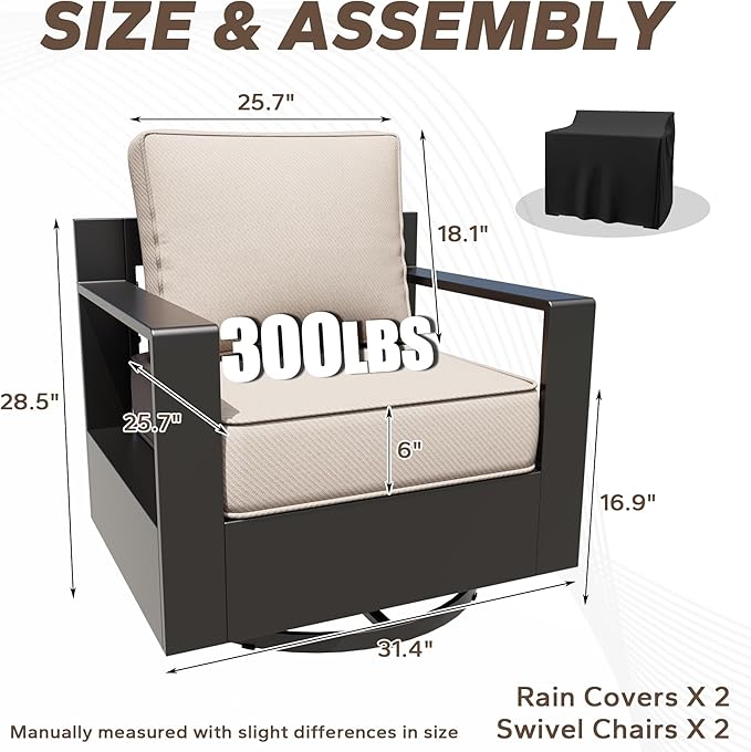 Aluminum Outdoor Swivel Rocker Chairs Set of 2 - All Weather Use Porch Furniture, 2 Pieces 360 Degree Swivel Glider Patio Chairs with 6" Water-Resistant Cushion & Chair Covers (Beige)
