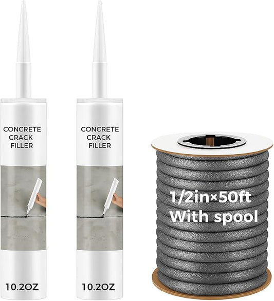 Backer Rod Concrete Crack Filler Set 1/2inchx50 ft Foam Backer Rod with 2 Pcs 10.2 oz Self-Leveling Sealant, Waterproof, Weather Resistant for Gaps Concrete Crack Filler Cement Repair (Gray)