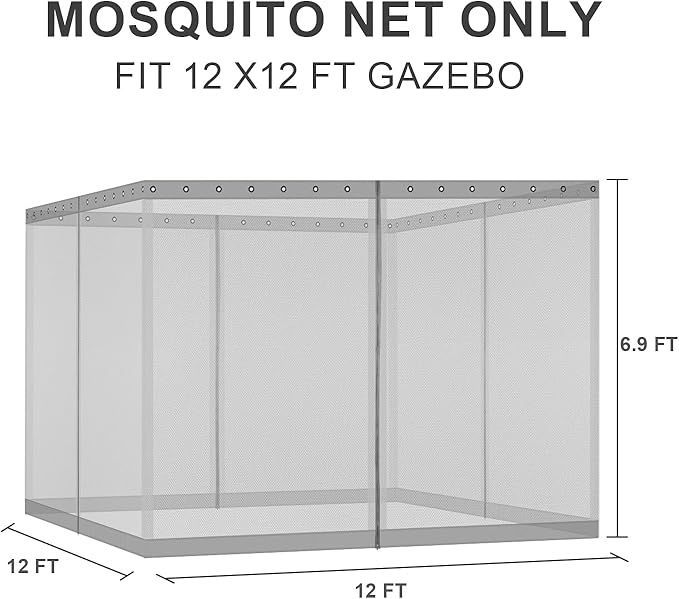 BPS 12' x 12' Gazebo Universal Mosquito Netting Screen Replacement, 4-Panel Screen Walls with Double Zippers for Outdoor Patio, Gray (Mosquito Net Only)