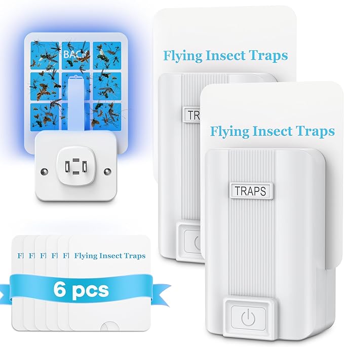 Fly Trap lndoor, 2 Pack Plug-in Insect Trap with 6 Refills, Fruit Fly Trap for Indoors, Gnat Killer for Flies, Mosquitoes, Moths & Other Flying Bugs (2 Device+6 Refill)