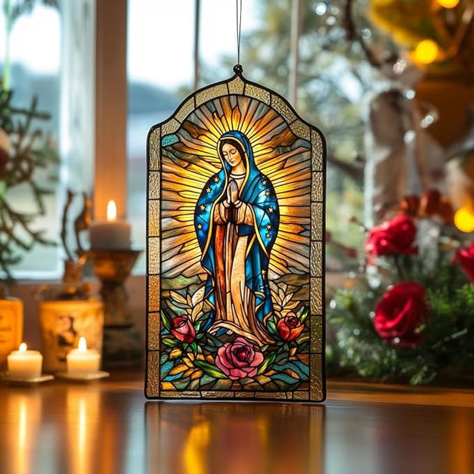 Our Lady of Guadalupe Christmas Ornament Virgin Mary Religious Suncatcher Window Hanging Acrylic Stained Glass Effect Art Garden Decor Christian Catholic Unique Gift for Mom Grandma Women