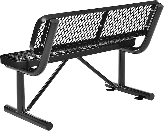 Global Industrial 4'L Heavy Duty Expanded Metal Mesh Bench with Backrest with Steel Frame, Portable Outdoor Bench, 1000 lbs Capacity, Black, 48" L x 24" W x 33" H