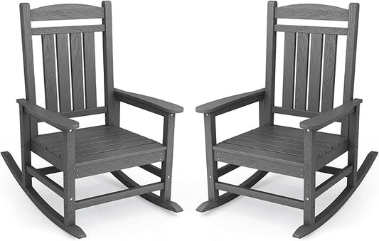 KINGYES Oversized Outdoor Rocking Chair Set of 2, HDPE Patio Rocking Chairs for Adults,Gray