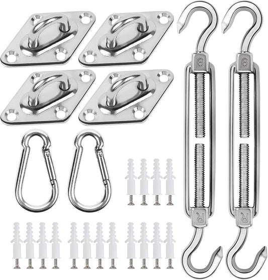 YOFIT 40 Pcs Shade Sail Hardware Kit, 6 Inch Outdoor Sun Sail Accessories, 304 Stainless Steel Turnbuckles & Brackets for Triangle/Rectangle Sails, Patio Canopy Installation Hardware Set Waterproof